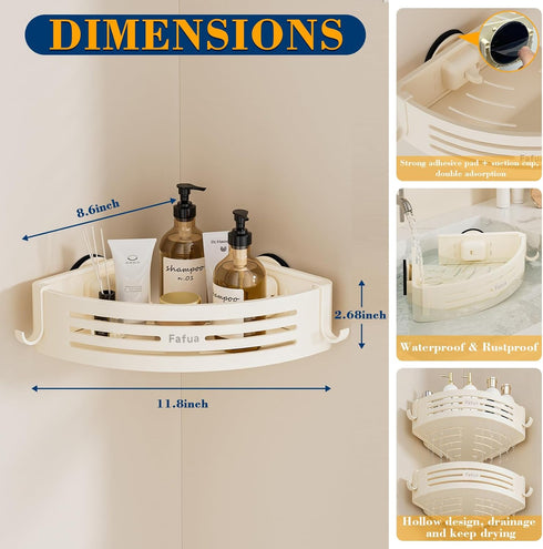 2Pack Corner Shower Caddy Suction Cup, No-Drilling Hanging Suction Shower Shelves with Hooks, Waterproof & Rustproof