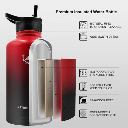 NATURE PIONEOR 64oz Insulated Water Bottle with Straw - Stainless Steel Vacuum Water Jug with Sleeve