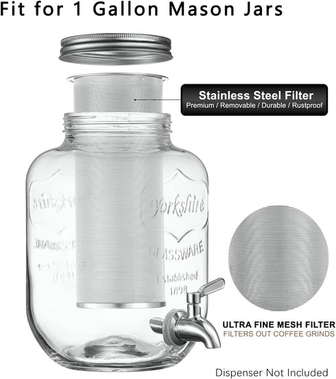 Cold Brew Coffee Filter for 1 Gallon Mason Jars, Stainless Steel Fine Mesh for Large Batch Brewing