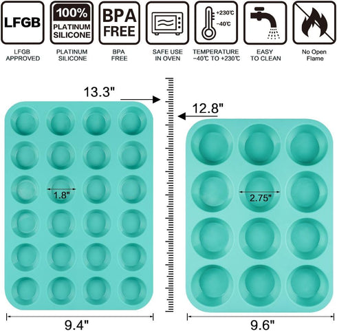 CAKETIME Silicone Muffin Pan Set - Mini 24 Cups and Regular 12 Cups Nonstick Food Grade Molds