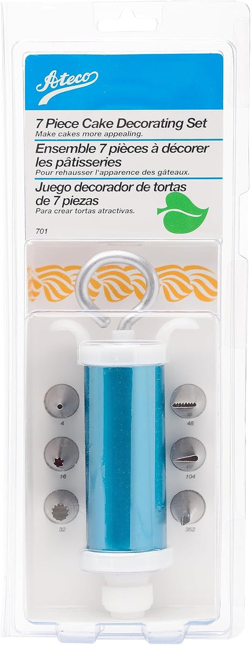 Ateco #701 7-Pc Cake Decorating Set with Syringe Icing Dispenser and 6 Decorating Tubes