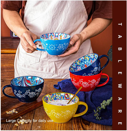 JINNTHE 15 Oz Bohemian Hand-Painted Ceramic Mug, Large Coffee Cup for Milk, Tea, and Breakfast, Dishwasher & Microwave