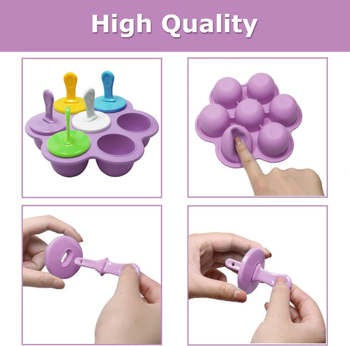 Silicone Popsicle Molds, 7-cavity DIY Ice Pop Mold with Colorful Sticks for Non-Stick Cake Molds (Purple)