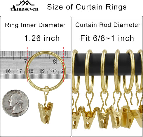 40 Pack Curtain Rings with Clips - Drapery Rings 1.26 in Interior Diameter, Fits 1 in Curtain Rod