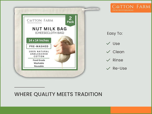 14 14 Inch, 100% Cotton Farm Nut Milk Bag & Cheese Cloth Bag (Ultra Dense), XL Unbleached Cotton Cheesecloth