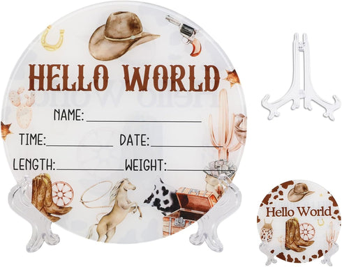 Acrylic Baby Birth Announcement Sign with Stand, Western Cowboy Theme Double-Sided Newborn