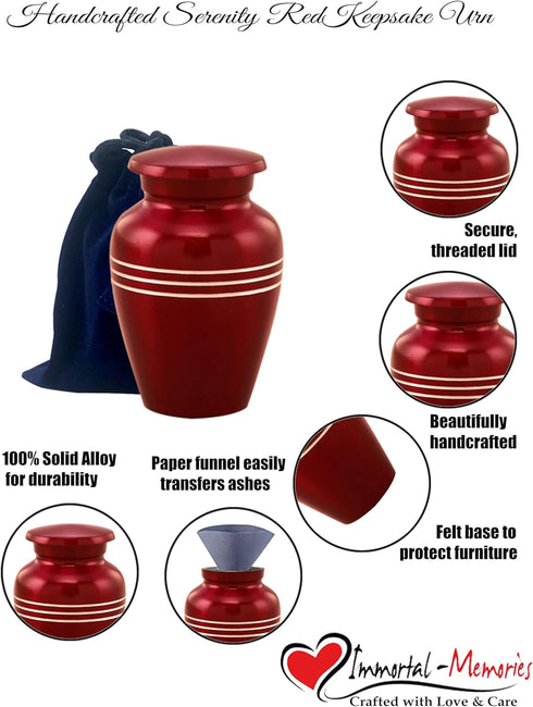 Immortal-Memories Serenity Mini Keepsake Urn for Ashes - Token Urn with Velvet Bag, Mini Jar, Pet Urn (Red)