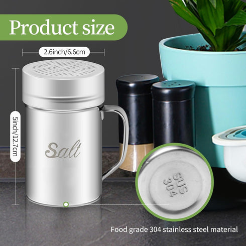 Large Stainless Steel Salt and Pepper Shakers Set, 14 OZ Spice Shaker with Lid and Handle, 127 Holes, 2 Pieces