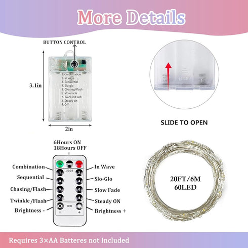 4 Pack 20FT 60LED Multicolor Fairy Lights Battery Operated with Remote, Waterproof Cuttable Twinkle Lights with Timer