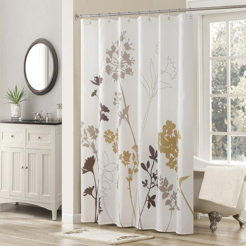Cream Fabric Shower Curtain - Waterproof Floral Leaves Polyester Fabric, Plants Printed Shower Curtains for Bathroom,