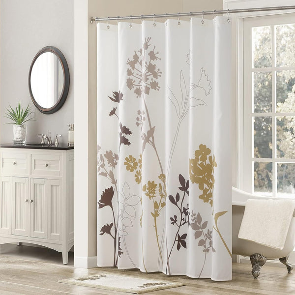 Cream Fabric Shower Curtain - Waterproof Floral Leaves Polyester Fabric, Plants Printed Shower Curtains for Bathroom,
