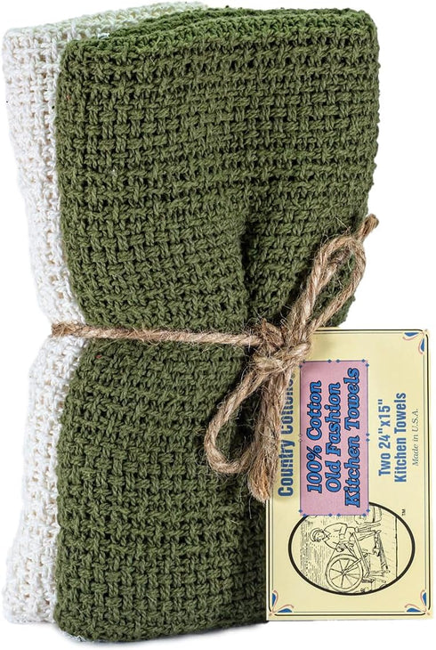 Country Cottons Old Fashion 100% Cotton Kitchen Towels - Set of 2-24"x15" (Sage Green/Natural)