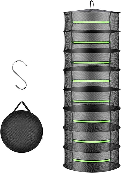 2ft Herb Drying Rack Net Mesh with Green Zippers - 8 Layer Hanging Plant Dry for Garden