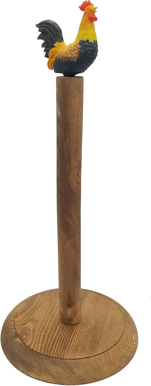 Rooster Design Rustic Brown Wood Paper Towel Holder Stand Up Paper Towel Holder, Easy One-Handed Tear Kitchen Paper