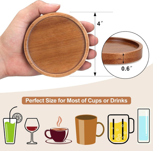 6 Set Pcs Best Wooden Coasters with Holder Coffee Table Decor Acacia Wood Coaster Modern Cup Coaster for Drink Home