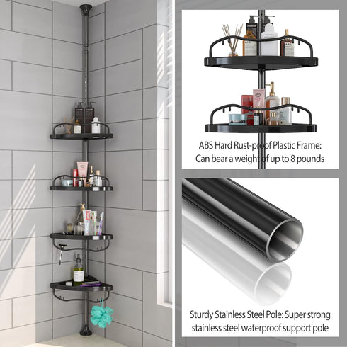 Shower Caddy Tension Pole with 4 ABS Baskets, Adjustable 56 to 125 Inch Stainless Pole for Bathroom, Black