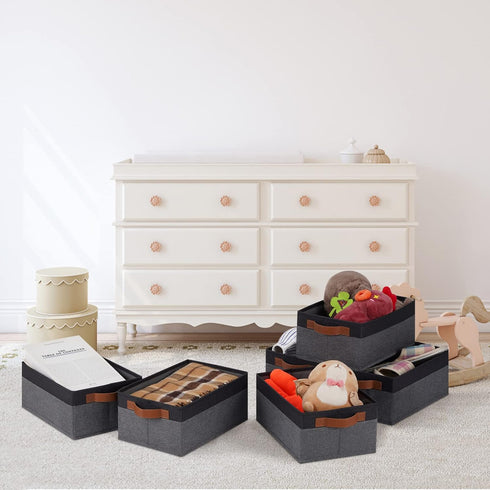 GhvyenntteS Small Fabric Storage Bins, 6 Pack, 11.8" x 7.87" x 5.11" Baskets with Leather Handles for Closet Storage