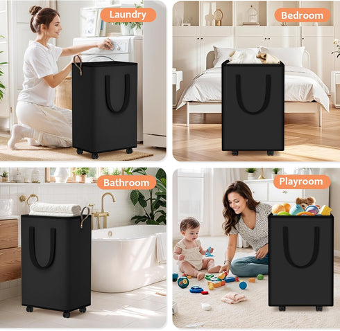 SpaceTrove 80L Laundry Basket with Wheels, Collapsible Laundry Baskets, Laundry Hamper with Handles Detachable Wheels