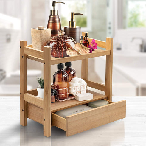 Sorbus 2-Tier Bamboo Countertop Shelf with Hidden Drawer, Makeup Organizer, Multi-Purpose Storage for Skincare