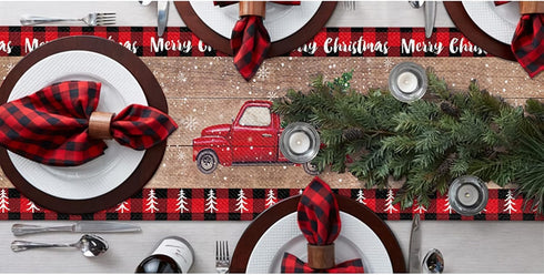 Christmas Table Runner 72 Inch Truck with Xmas Trees, Red Black Buffalo Plaid Cotton Linen for Holiday Party
