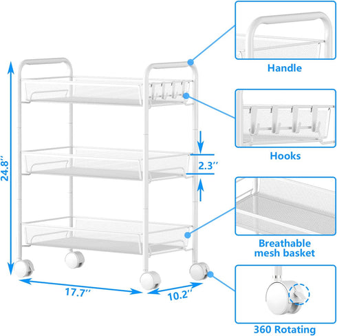 3 4 OVICAR Mesh Wire Tier Rolling Cart, Kitchen Storage Utility Cart, Multifunction Basket Stand for Bathroom, Full