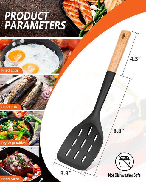 Pack of 2 Silicone Spatula, Non Stick Cooking Utensil Set Wooden Handle Kitchen Turner for Baking Mixing Grilling Serving Food Heat Resistant Non Scratch Hooks Included (Black) by Badiano