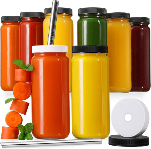 Shopify SEO: 16 OZ Glass Juicing Bottles - 8 Pack with 2 Straws & Lids, Airtight Black Lids, Reusable for Juice &