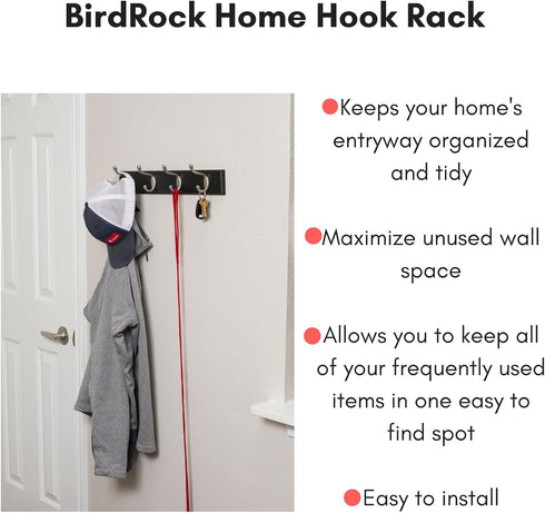 BIRDROCK HOME Oval Hook Coat and Hat Rack, 4 Hooks, Wall Mount, Black Finish