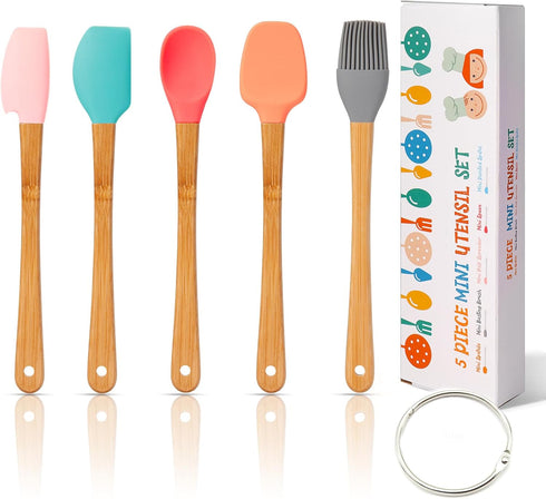 KSENDALO Small Spatulas for Kitchen Use - Silicone Mini Spatula with Bamboo Handle, Colorful