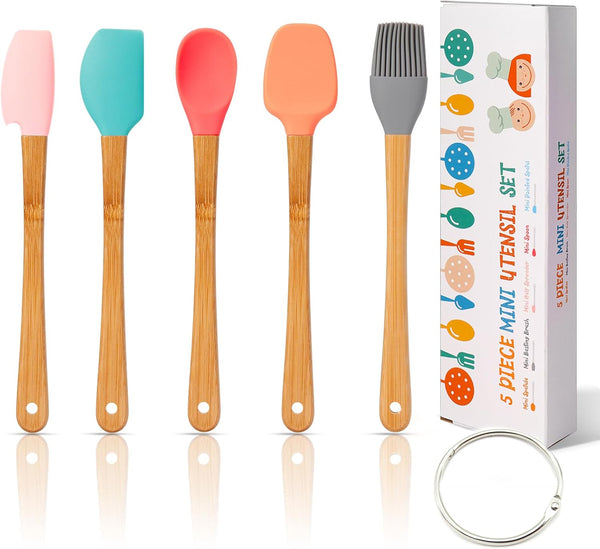 KSENDALO Small Spatulas for Kitchen Use - Silicone Mini Spatula with Bamboo Handle, Colorful