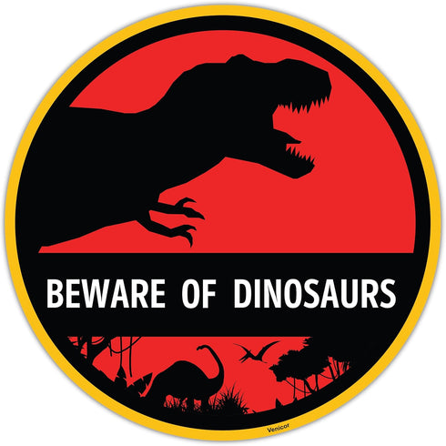 Venicor Beware of Dinosaur Sign - 12 x 12 Inches Aluminum, T Rex Room Decor for Boys, Keep Out Warning Metal Wall Art