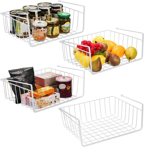Tebery 4 Pack White Under Shelf Wire Basket Hanging Storage Baskets, Small