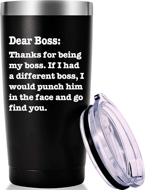 AMZUShome Thanks For Being My Boss Travel Mug - Boss Day Gifts, Office Gifts, 20oz Black Tumbler