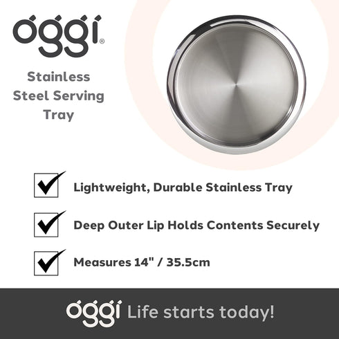 OGGI 14" Round Steel Tray - Decorative Coffee Table, Tea and Bar Serving Tray, Stainless Steel