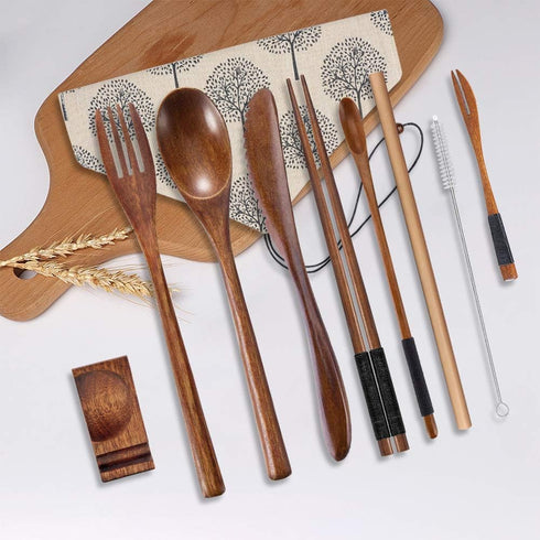 OKA Reusable Wooden Travel Cutlery Set, Japanese Style Lunch Utensil Set with Case, 9 Pcs Wooden Flatware.