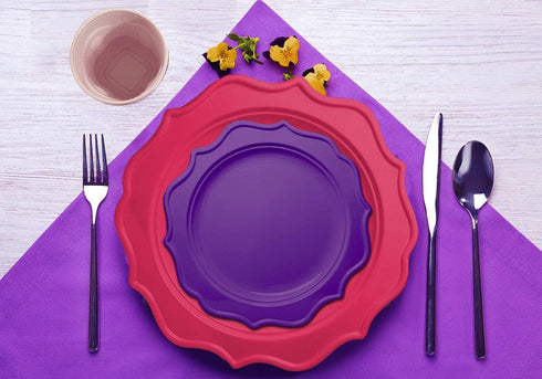 Tiger Chef Fuchsia and Purple Round Scalloped Rim Disposable Plastic Plate Set - 96-Pack