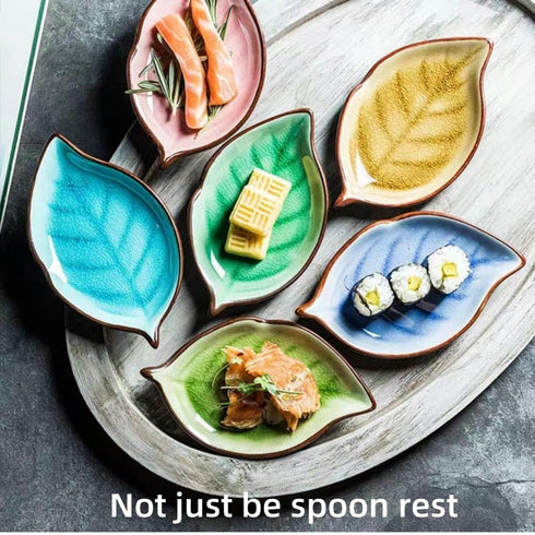 Ice Cracks Leaf Ceramic Spoon Rest for Stove Top, Cute Cooking Spoon Holder for Kitchen Counter 1 PCS (Sapphire)