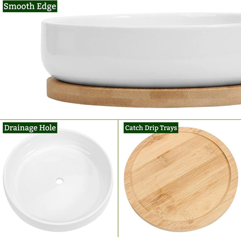 ZOUTOG 6 Inch White Ceramic Flower Planter Pots with Bamboo Tray, Pack of 2 - Plants Not Included