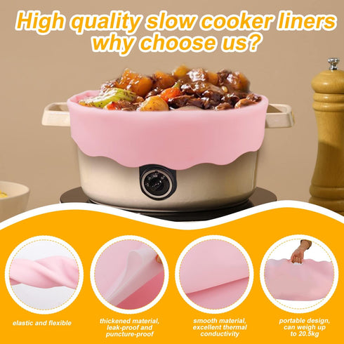 Silicone Slow Cooker Liner for 6-8 Quart Crockpot, Reusable Heat Resistant Liner Bag for Oval or Round Pots (Pink)