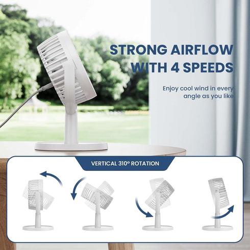 4 Inch Strong Desk Fan, 4 Speeds, Quiet, 310 Rotation, Detachable, Lightweight, Easy to Clean, Mini USB Fan for Home,