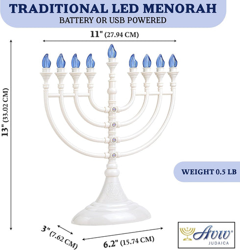 Traditional Hanukkah LED Electric Menorah, Chanukiah, Battery or USB Powered, White, 4' Micro USB Cable Included