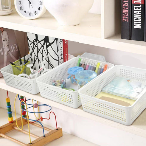 Plastic Storage Trays Baskets, Set of 6 Organizing Baskets, 13.2 x 9.6 x 3.6 Inches (White)