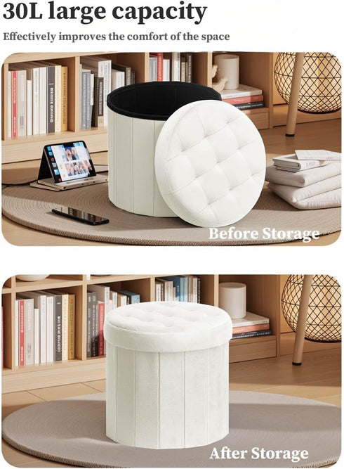 15Inch, Bsketa Folding Storage Ottoman Round Foot Stool with Thicker Foam Padded Seat Small Velvet Storage Ottoman