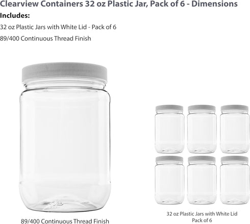 6 Pack of 32 Ounce Plastic Quart Jars with 89RM Leak Proof Seal Lid, Food Grade and BPA Free (32oz, 6pk)