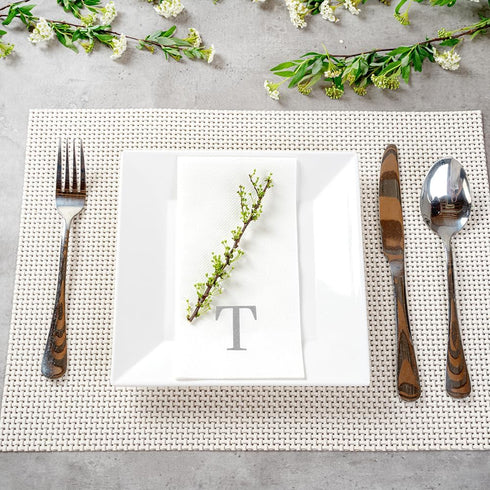 15.8 7.9 Inch 50 Luxenap X Linen-Feel Guest Towels, Lettered Hand Towels - Silver Letter 'T', Sans Serif Font, White