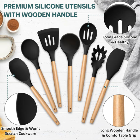 TeamFar Cooking Utensils Set of 7, Silicone Kitchen Tools with Wooden Handles, Heatproof for Non-stick Cookware