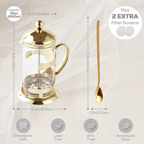 DUJUST Gold French Press Coffee Maker, 34oz Luxury Design with 4-Level Filter System, High-Grade Glass