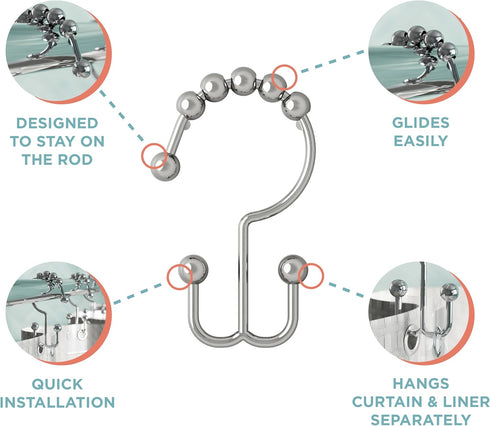 Zenna Home Chrome Shower Curtain Hooks, Set of 12 – Premium Double Roller Glide Rings, Rust Resistant