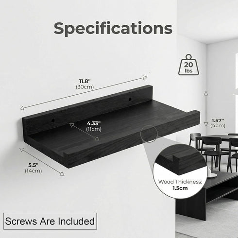 12 5.5inch, 2 Pack Z metnal Wood Floating Shelves, Small Natural Wooden Display Wall Shelf for Picture Ledge, Wall