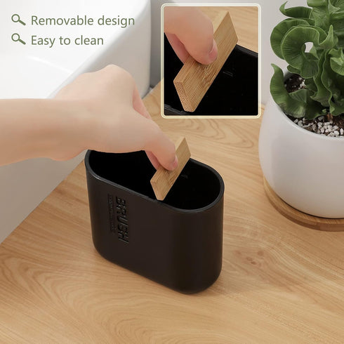 Black Bamboo Electric Toothbrush Holder, Bathroom Storage Organizer for Toothpaste, Floss, Razor on Countertop